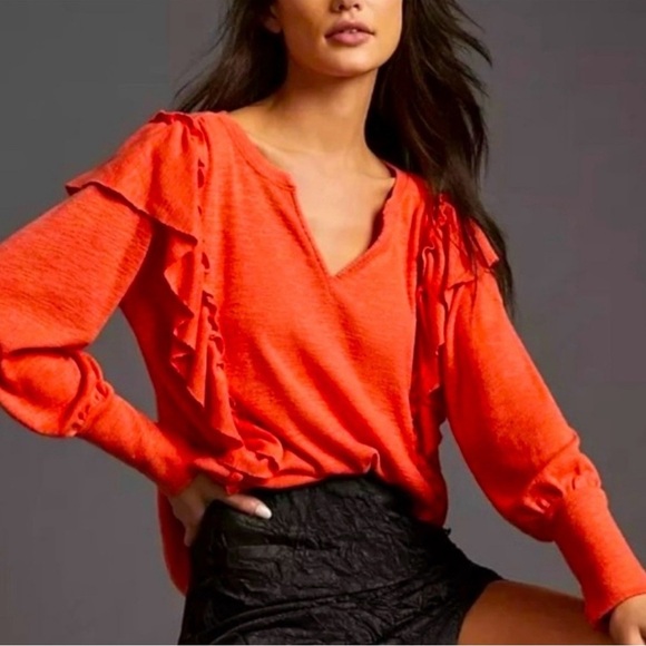 Anthropologie Pilcro Ruffle Popover Blouse Top Coral Size S - Picture 1 of 8